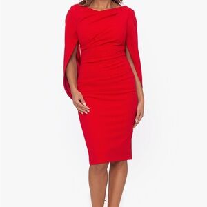 BETSY & ADAM Petite Jordan Cape Short Scuba Crape Draped Back Dress 8P Red NWT
